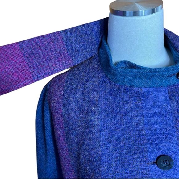Vintage Avoca Collection Blue Purple Striped 100% Irish Wool Cape Coat Medium - Picture 6 of 11